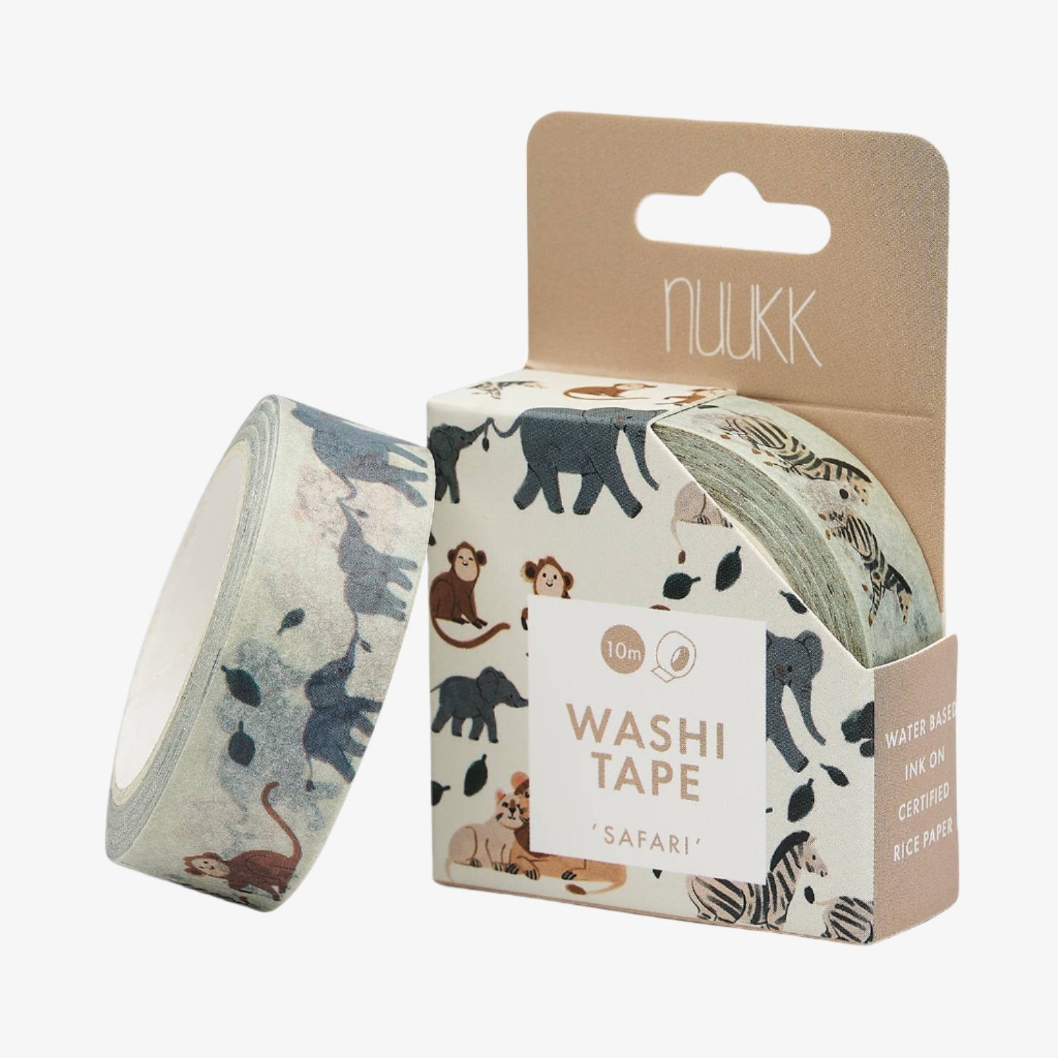 A roll of washi tape with a safari animal print, displayed in front of its packaging that reads 'NUUKK' and 'Safari Washi Tape'.