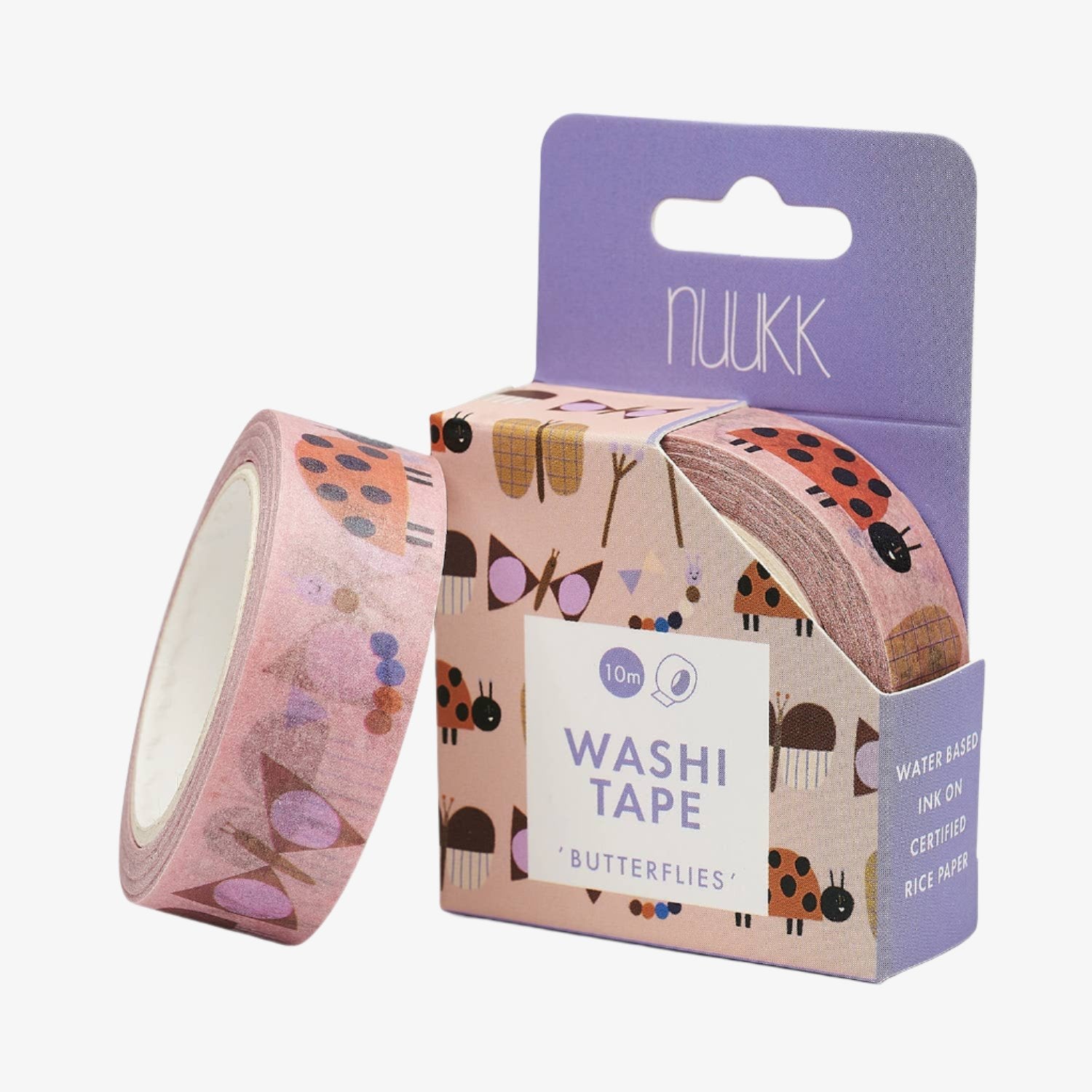 A roll of washi tape with a floral and butterfly pattern, placed next to its packaging that reads 'WASHI TAPE' and 'Butterflies'.