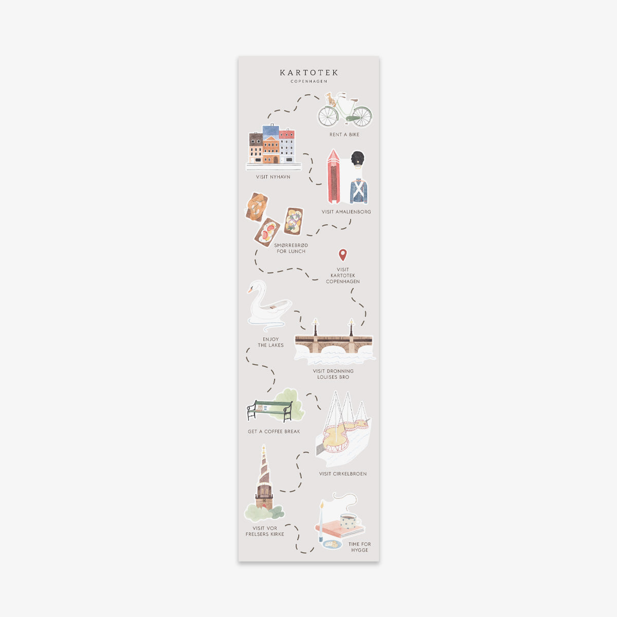 Kartotek paper bookmark with illustrated Danish and Copenhagen icons on a beige background