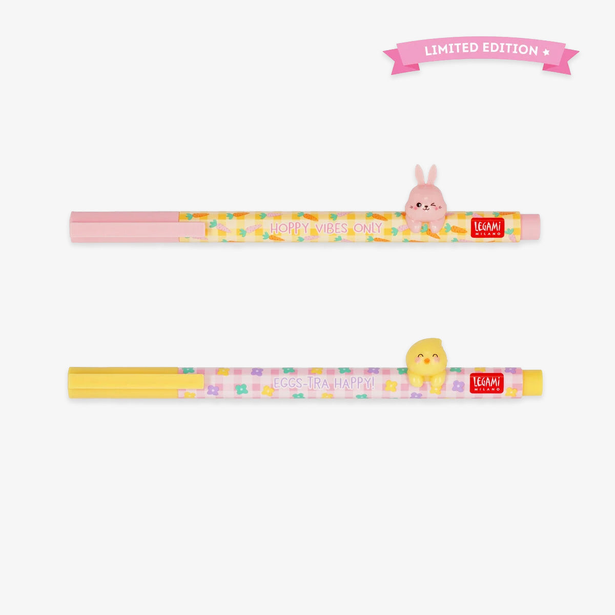 Two pens with easter characters on a white background, featuring the brand 'LEGAMI MILANO'.