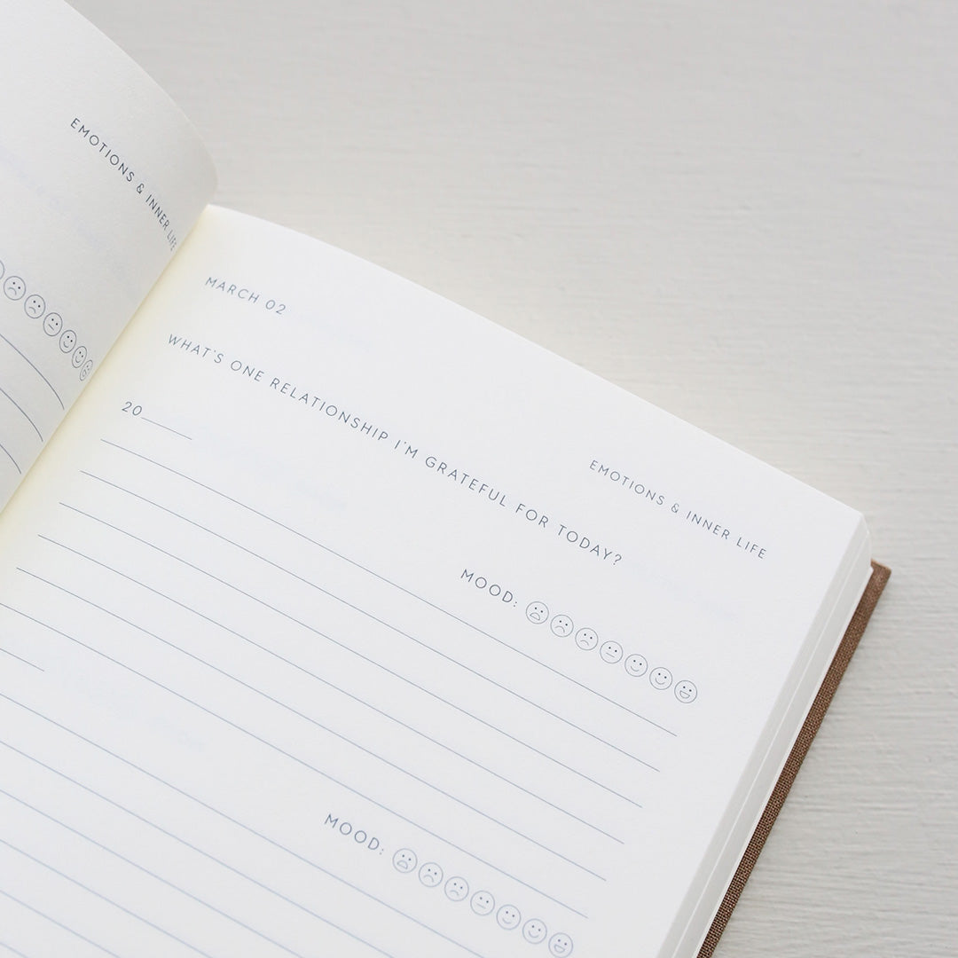 Open notebook with a page showing text prompts and emoji icons from 'Treårsdagbogen' on a light background