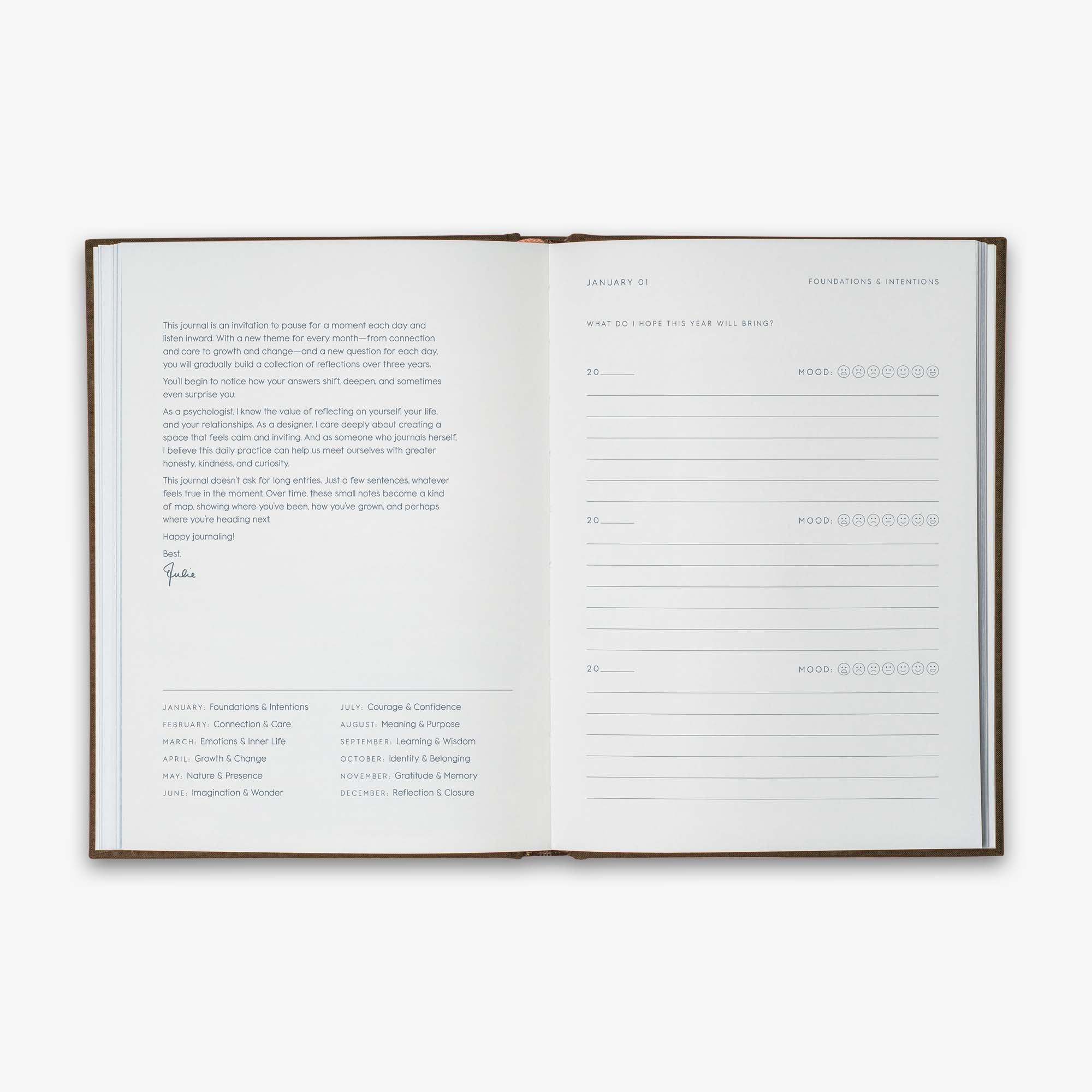 Open book from our Three Year Journal with text, prompts and a short greeting and description of the purpose of this guided journal on a white background