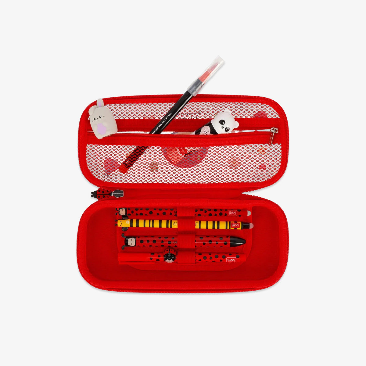Red mesh pencil case with stationery items on a white background