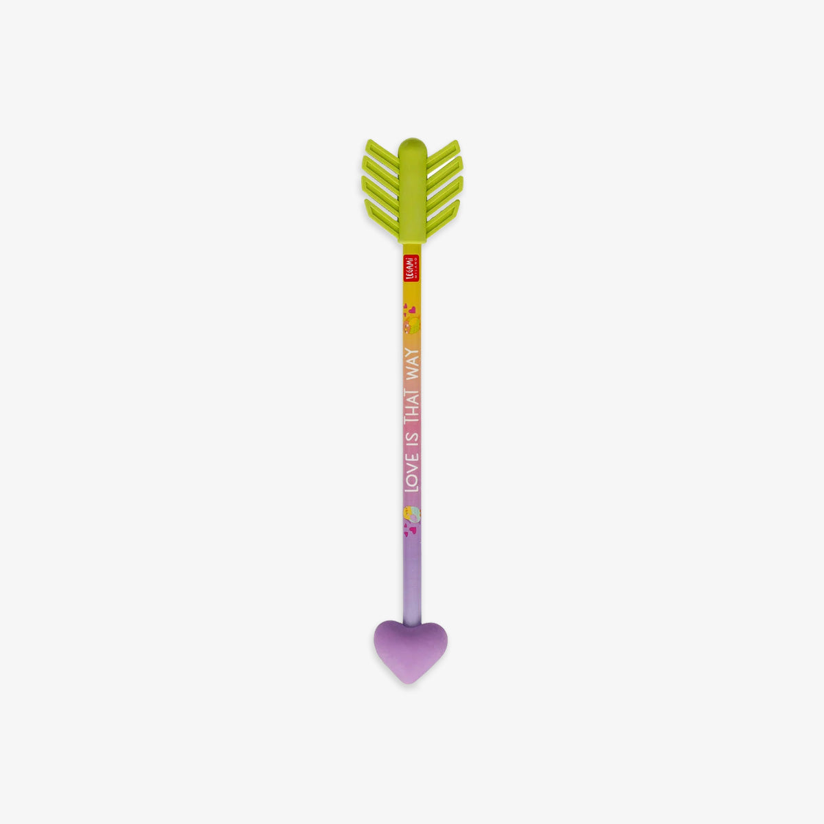 Decorative pencil with a heart-shaped bottom and colorful design on a white background