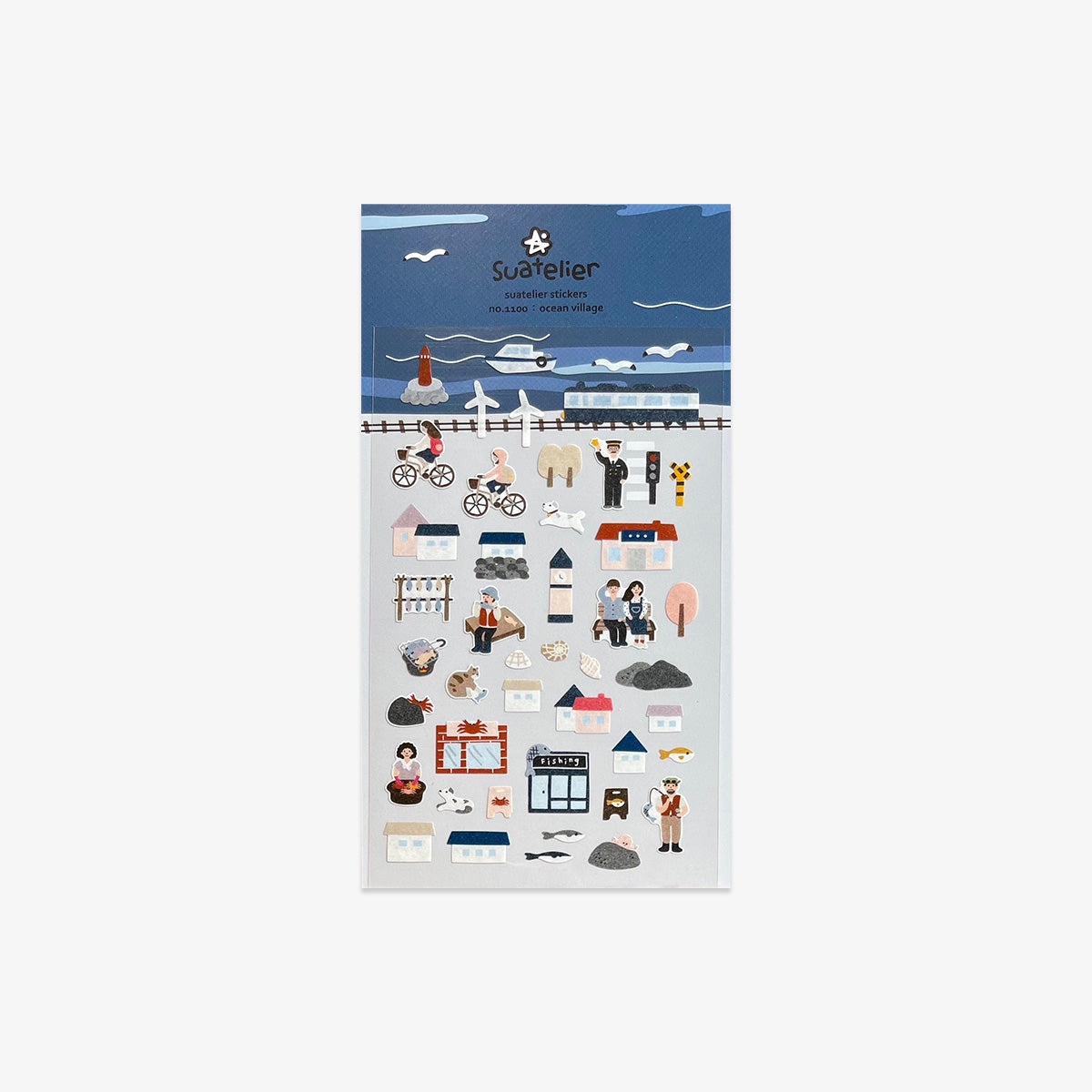 Sticker sheet with illustrations on a blue and white background