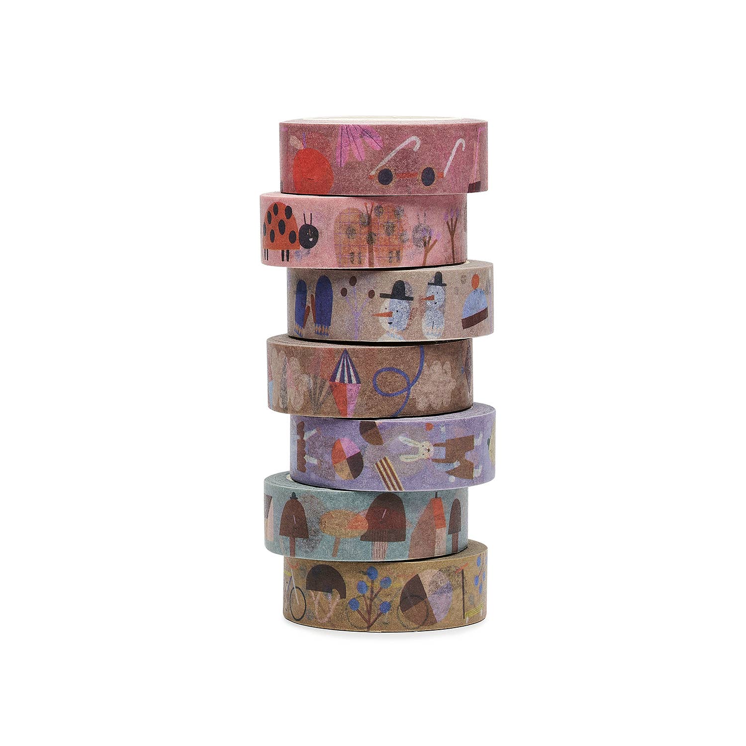 Seven rolls of decorative tape with various animal and decorating designs on a white background