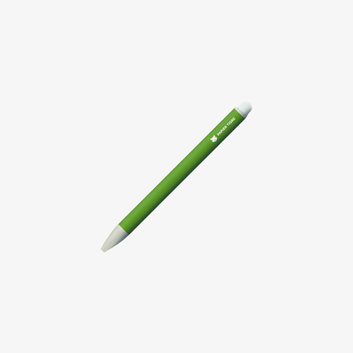 Green erasable pen with a white cap on a light gray background