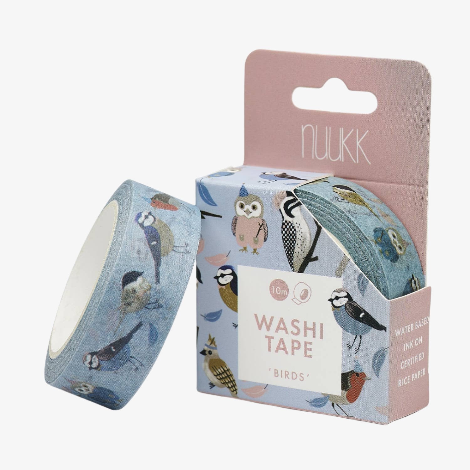A roll of washi tape with a bird pattern, placed next to its pink packaging box with the brand name NUUKK visible.