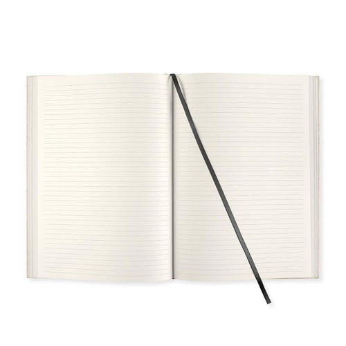 An open lined notebook with lined pages, held open by a black ribbon bookmark, shown against a plain white background.