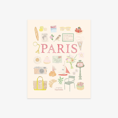 A Paris-themed art print featuring a collection of hand-drawn stickers with illustrations including a camera, sunglasses, a baguette, a croissant, a pink 'PARIS' text, and a lamp post, displayed on a light cream background.