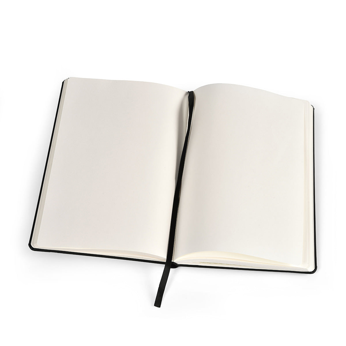 An open hardcover notebook with blank off-white pages and a black elastic bookmark ribbon, photographed on a clean white background.