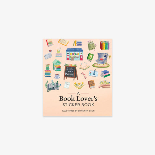 A Book Lover's Sticker Book by Christina Chon, featuring a light peach cover decorated with colorful illustrations of books, bookselves, coffee tables, and other book-themed objects, shown against a light gray background.