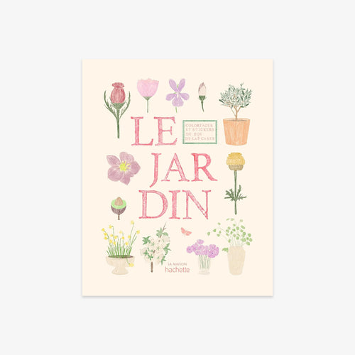 A sticker book titled 'LE JARDIN' by artist Marie Hachette, featuring a collection of delicate watercolor-style flowers and potted plants in soft pastel colors on a warm cream background.