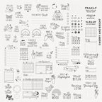 Collection of various stamp illustrations and text on a white background