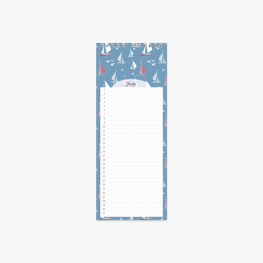 Wall calendar July with sailboat design on a blue background
