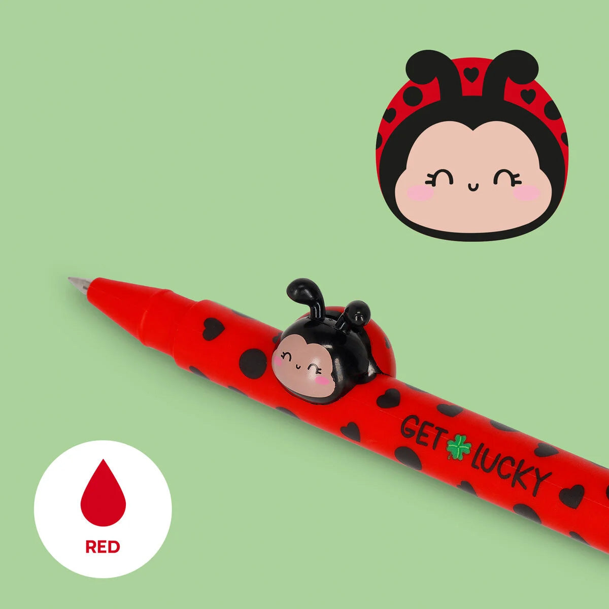 Red pen with ladybug design and 'Get Lucky' text on a green background