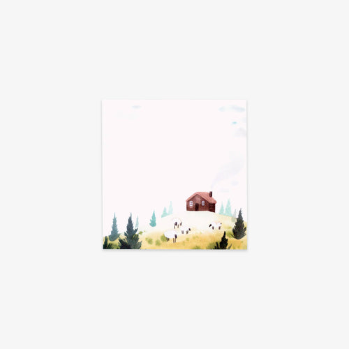 A square sticky note featuring a watercolor landscape of a small brown cabin in a misty field with pine trees, centered on a light gray background.
