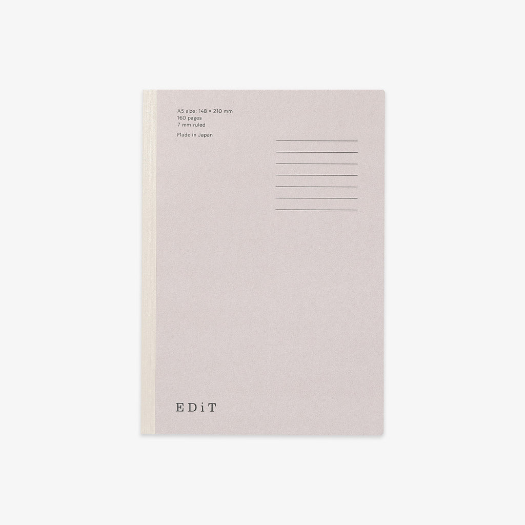 A minimalist notebook with a light gray cover, a beige vertical spine stripe, and black printed text on the top right, shown on a clean white background.