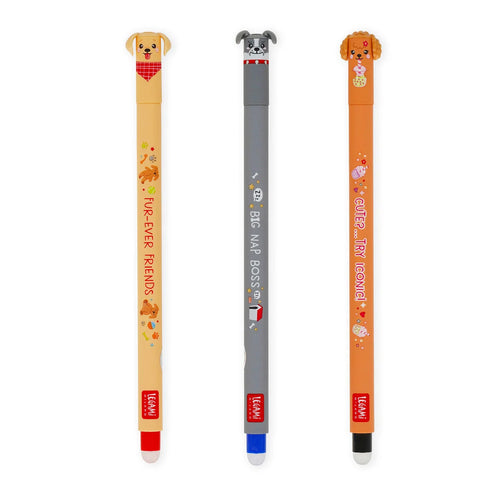 Three erasable gel pens with cartoon dog designs and text on a white background