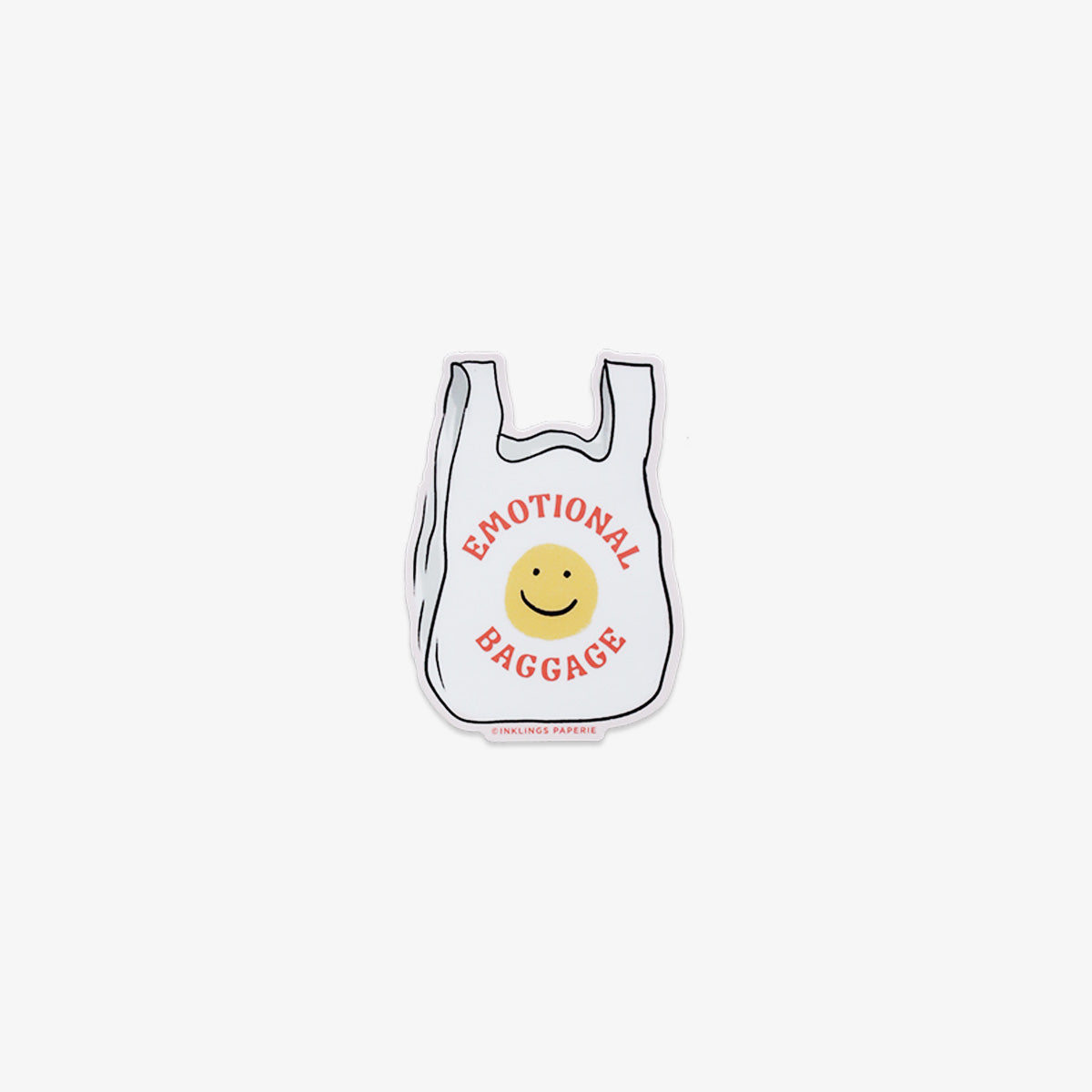 Vinyl Sticker of White plastic bag with 'Emotional Baggage' text and smiley face on a white background