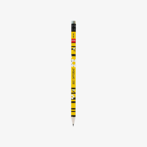 A yellow and black STAPLE No. 2 pencil decorated with bumblebee graphics and the words 'BEE DIFFERENT' on a light gray background.