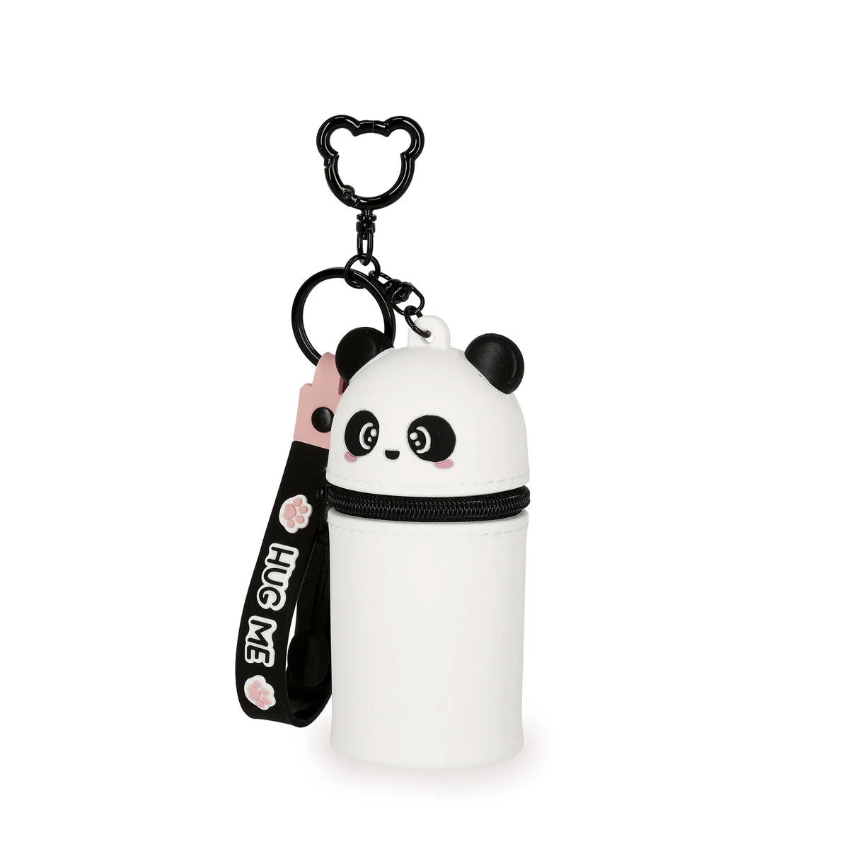Panda-shaped keychain with a black strap on a white background