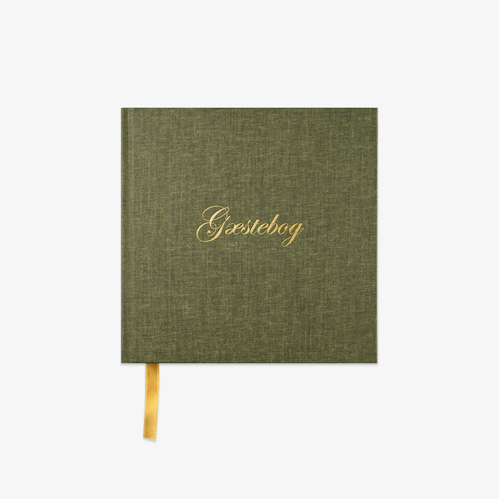 Green guestbook with gold text 'Gæstebog' on a white background
