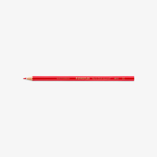 A red wooden colored pencil with gold lettering