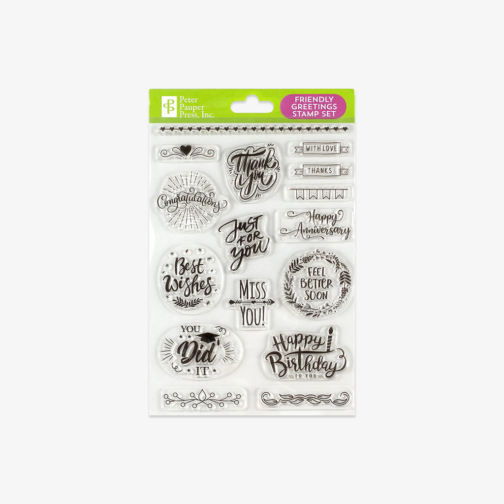 Set of clear stamps with various phrases on a white background