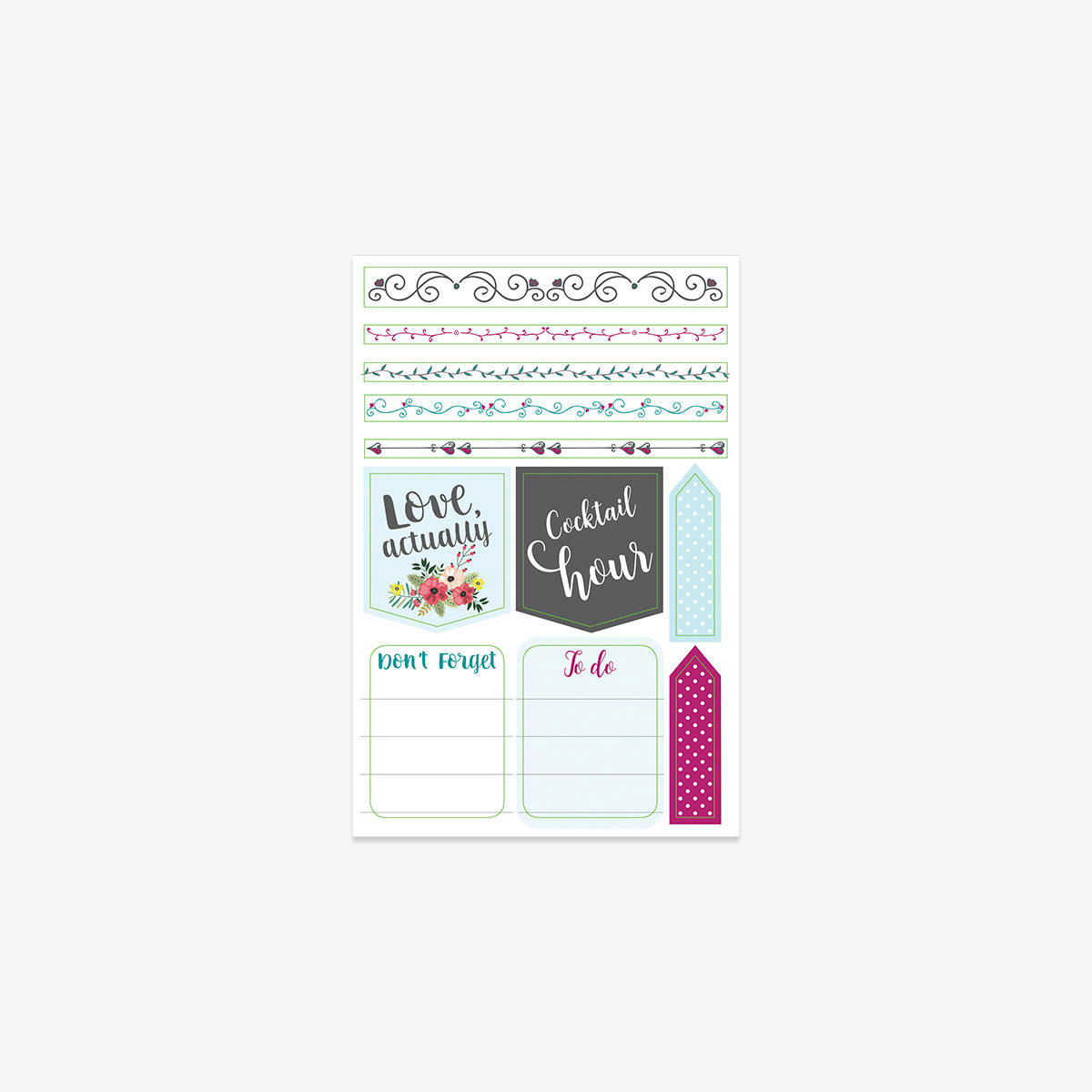 Set of decorative planner stickers with various designs on a white background