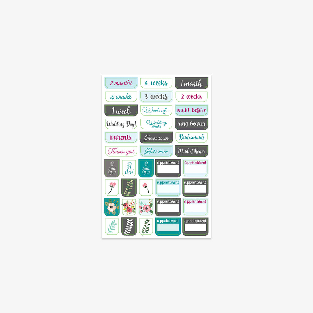 Collection of wedding-themed planner stickers on a white background
