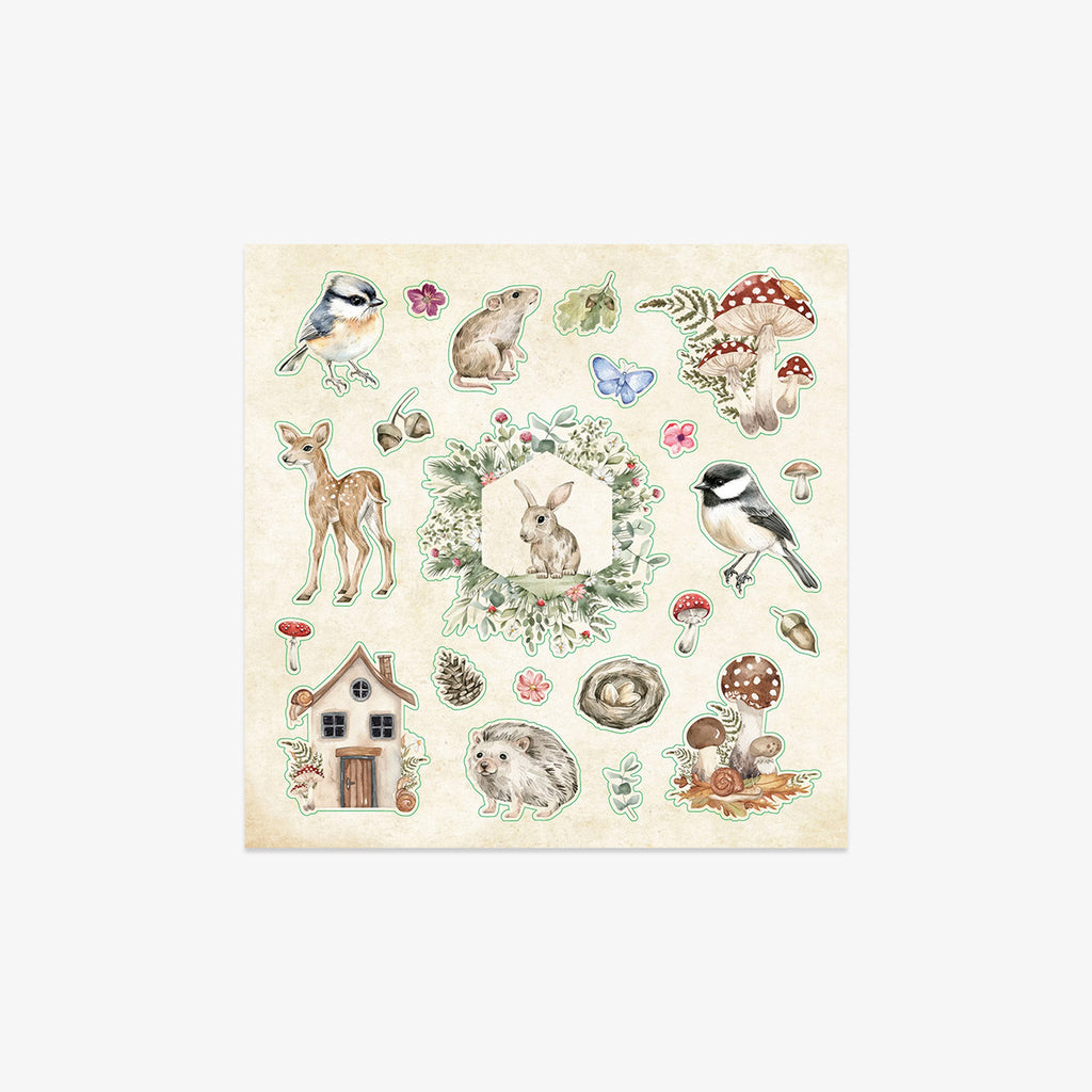 Collection of nature-themed illustrations including animals, plants, and a house on a beige background.