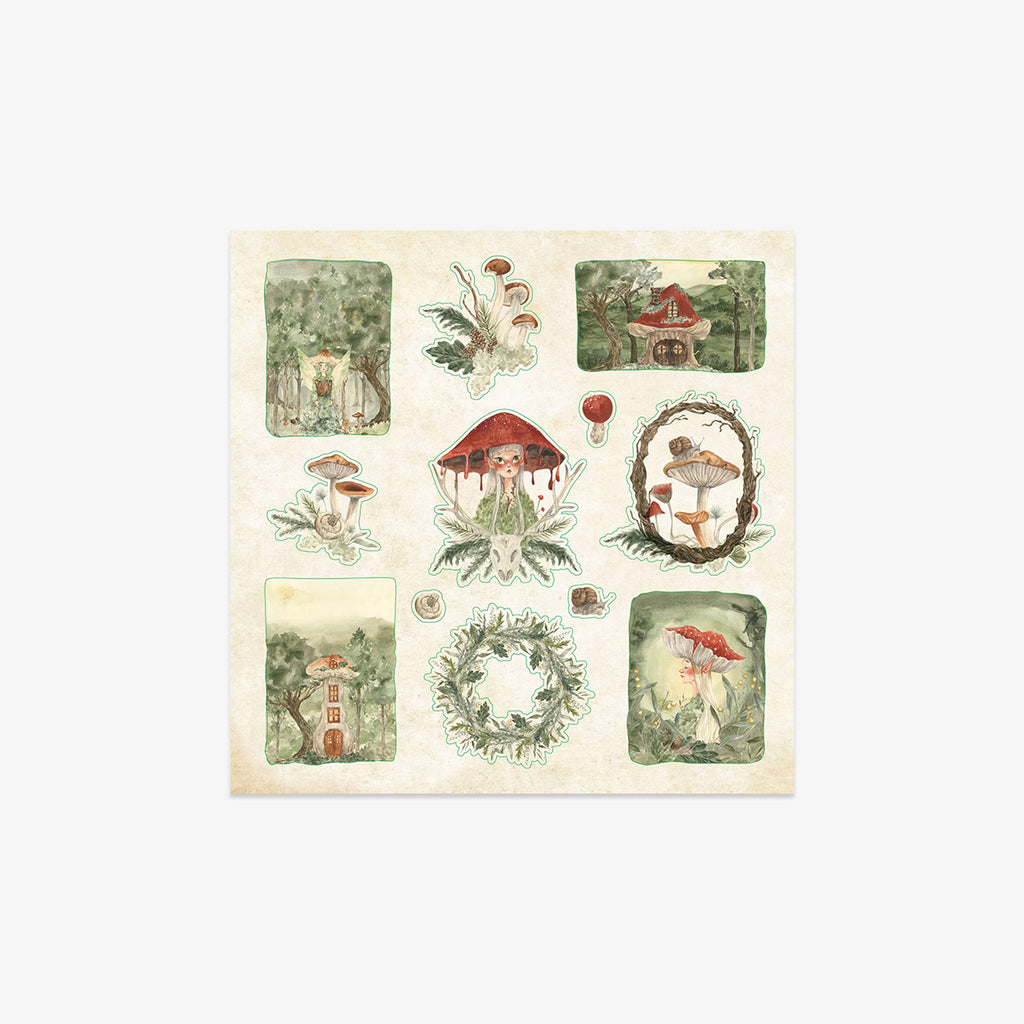 Set of decorative illustrations featuring mushrooms and fairy houses on a beige background