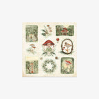 Set of decorative illustrations featuring mushrooms and fairy houses on a beige background