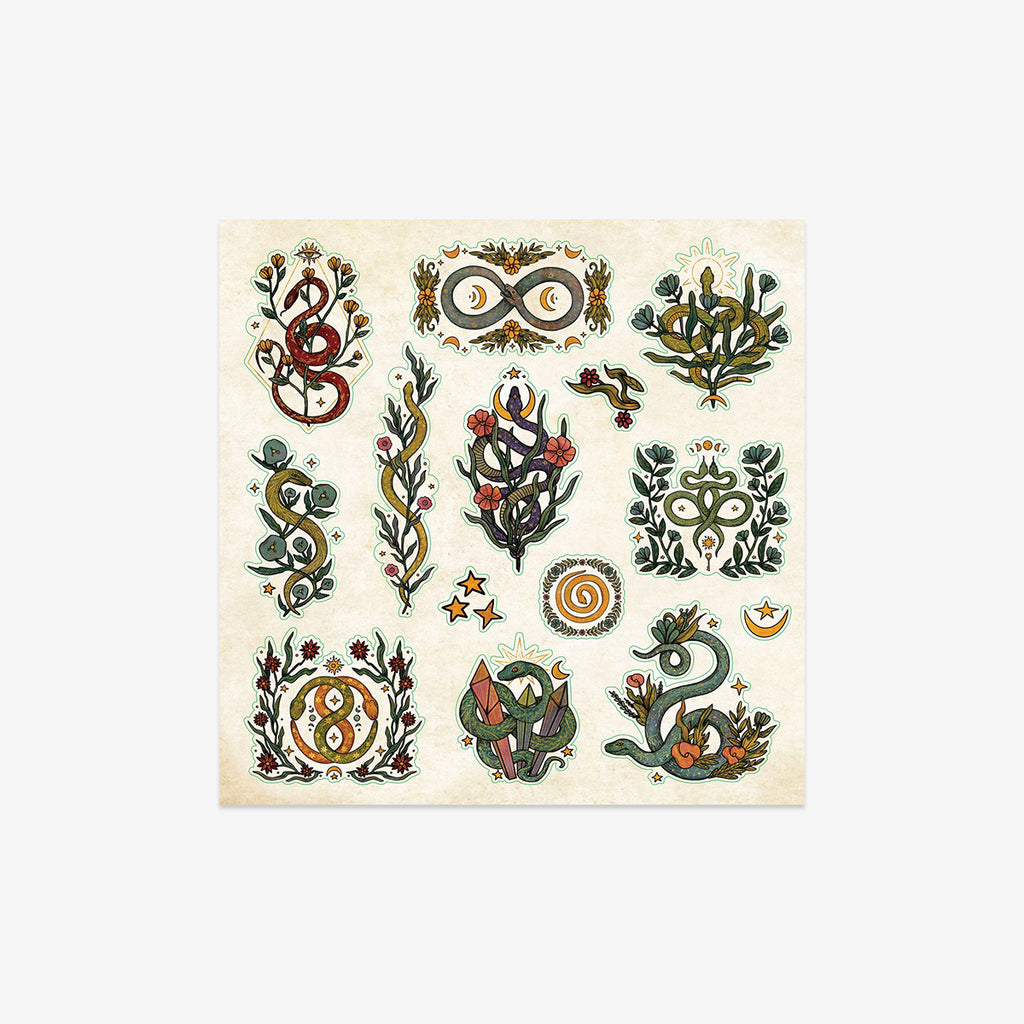 Collection of decorative symbols and designs on a beige background