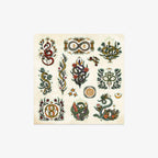 Collection of decorative symbols and designs on a beige background