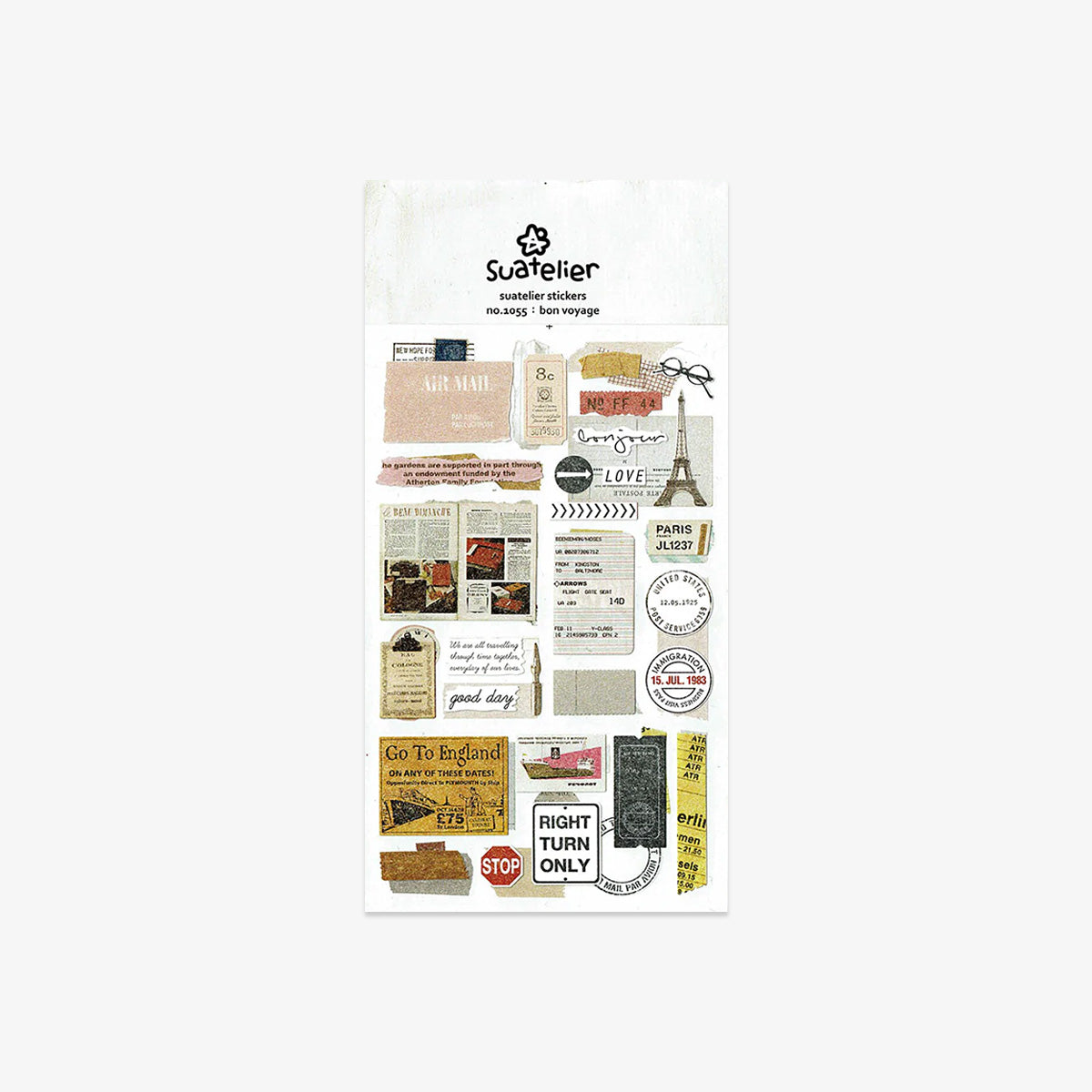 Packaging of Sueter stickers with travel-themed designs
