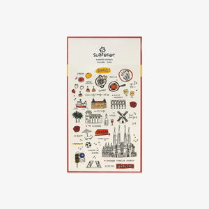 Packaging of Suatelier stickers with  spanish illustrations on a white background