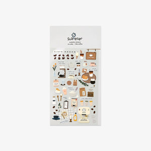 Pack of Suatelier stickers with coffee-themed illustrations on a white background