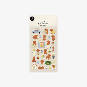 Pack of dog-themed decorative stickers on a beige background