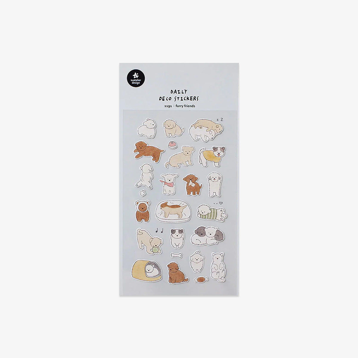 Sheet of dog-themed stickers on a white background