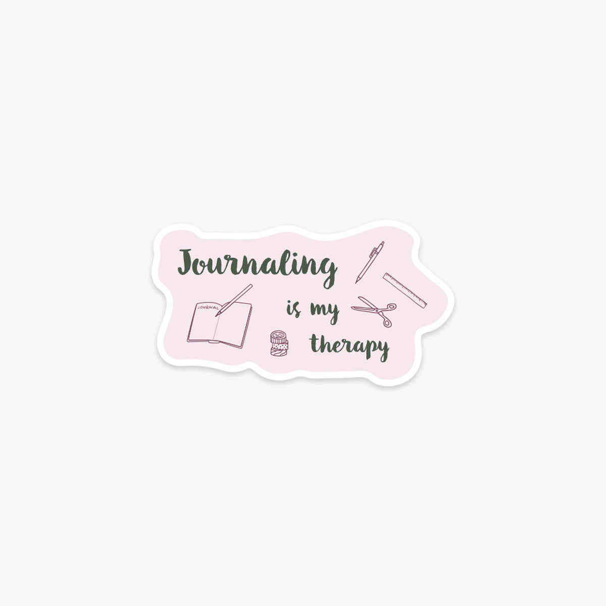 Venyl sticker with 'Journaling is my therapy' text and journal, pen, and jar illustrations on a pink background.