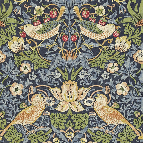 Decorative fabric pattern with birds, flowers, and leaves on a dark blue background