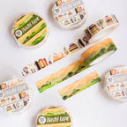 Washi tape rolls with various designs on a white background