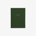 A green, hardcover cloth-bound notebook with the word 'JOURNEYS' printed on the cover in capital letters.