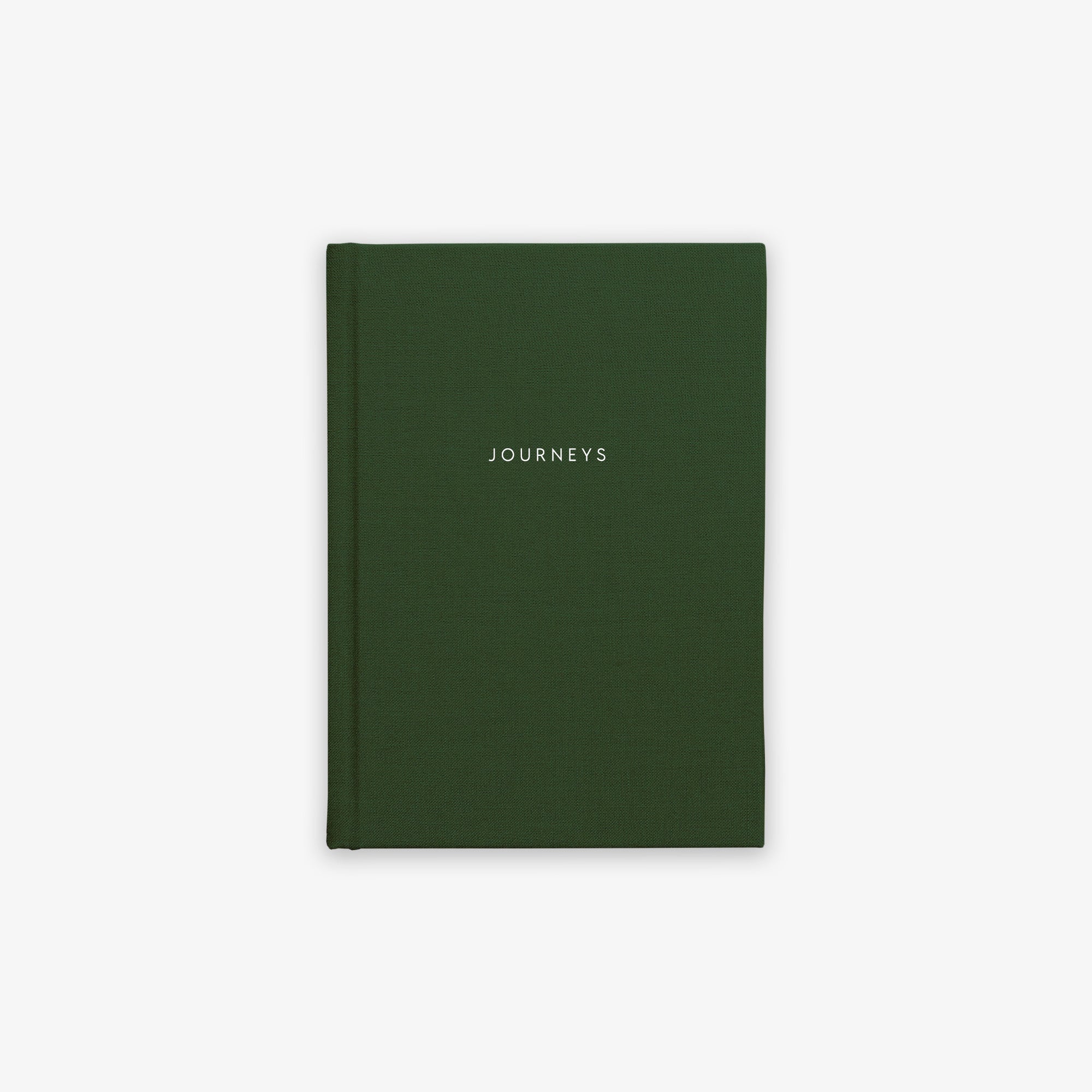 A green, hardcover cloth-bound notebook with the word 'JOURNEYS' printed on the cover in capital letters.
